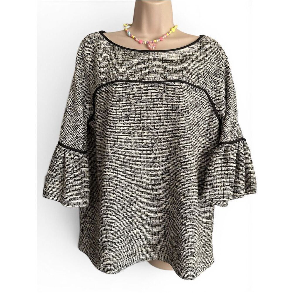 Calvin Klein Black and White Tweed knit Textured Bell-Sleeve Tunic